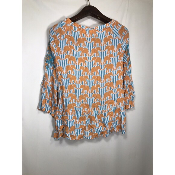 Crown & Ivy Colorful Orange Blue Elephant Print Ruffle 3/4 Sleeve Medium - Picture 6 of 7